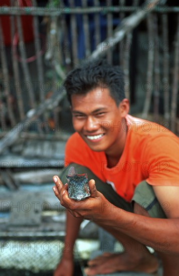 Man showing fish, fish farm in the tidal river near Krabbi, two years in front of the tsunami,