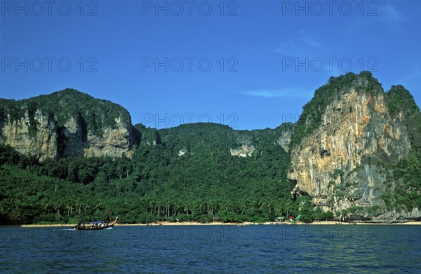 Longtail boat, mountains, Ton Sai beach, two years in front of the tsunami, Krabi, Thailand,