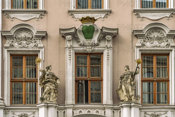 Detail of the baroque Bürgerhaus Hartmannsches Haus on the main market in Bautzen, Upper Lusatia,