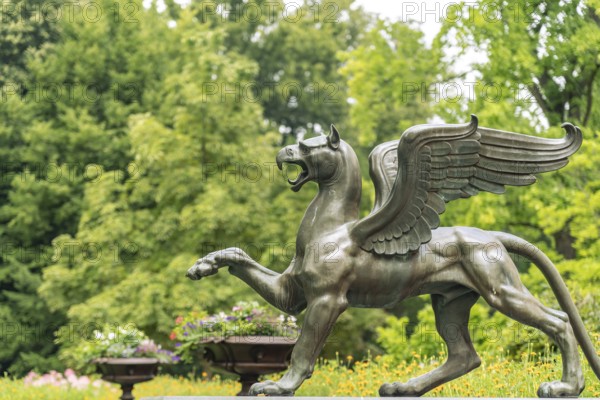 Bronze griffin sculpture in Branitz Park in front of Branitz Castle, landscape park created in 1846