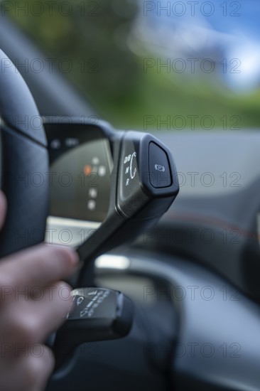 Close-up of a hand on a gear stick in a modern vehicle, Cupra electric car, e-car sharing, Calw,
