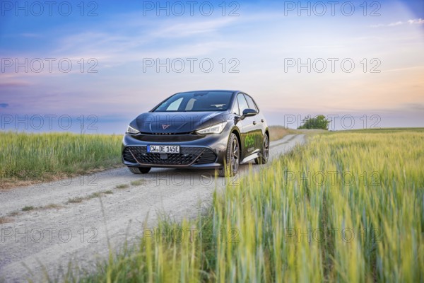 A Cupra drives along a rural path surrounded by fields and an impressive sunset in the background,
