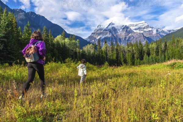 Hikers traversing a vibrant meadow under the warm sun, with mount robson towering majestically in