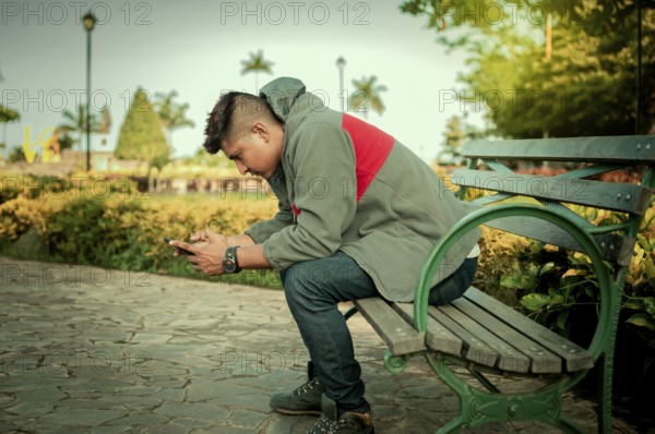 Young man in sweater sitting on a bench texting with phone. Handsome guy sitting on a park bench