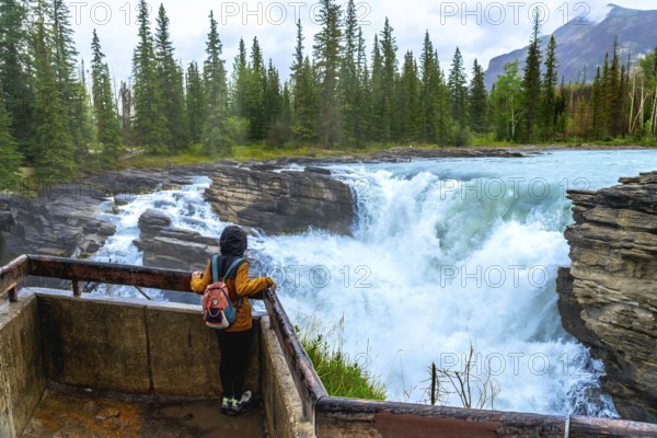 Tourist in a yellow raincoat and backpack admiring the stunning view of athabasca falls, a powerful