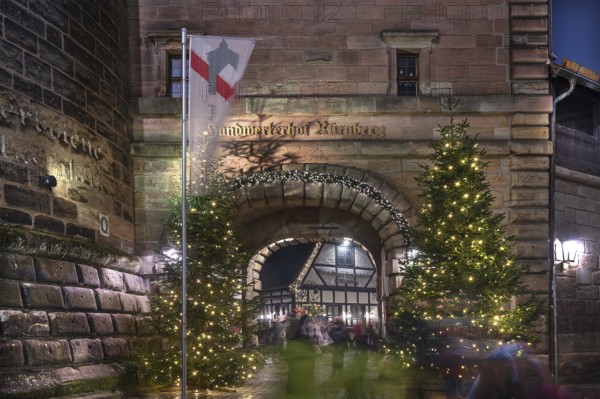 Decorated entrance to the Handwerkerhof during Advent, Königstor, Nuremberg, Middle Franconia,