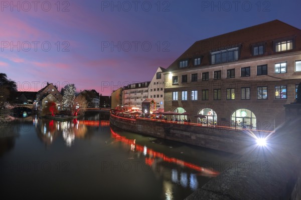 Evening view of Pegnitz with Karlsbrfücke, on the right the former slaughterhouse, today café,