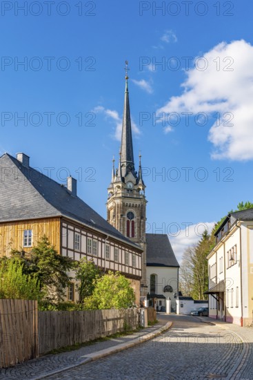 Saint Lawrence Church and houses in the town of Elterlein, Ore Mountains, Saxony, Germany