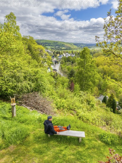 Aerial view, drone photo: Hiker on a bench looking out over the Flöha Valley, Oberneuschönberg,