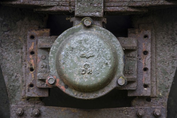 Detailed view of the axle of an old railway wagon near the former Bresewitz station, near Zingst,