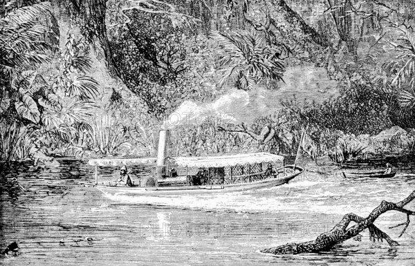 Research trip on a river in New Guinea, steamboat, sailing, rowing boat, smoke, tropical climate,