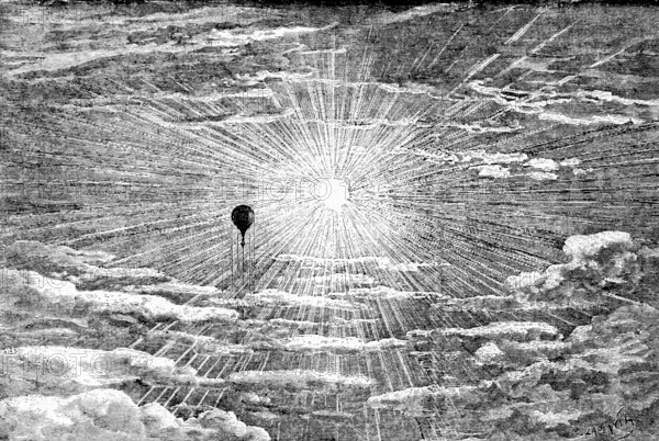 An enchanting scene seen from a balloon, meteorology, central sun, sunshine, sunrays, cloudy sky,