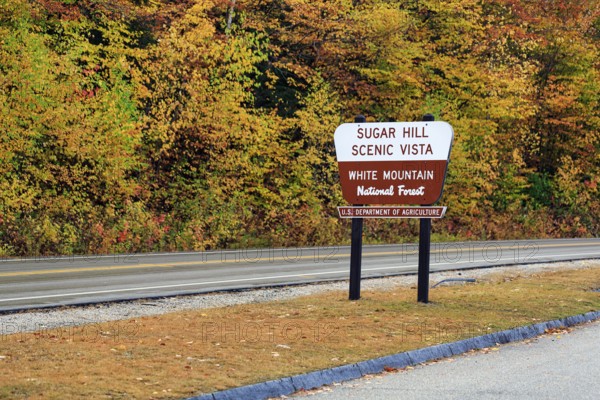 Roadside sign, Sugar Hill Observation Deck, Kancamagus Highway, White Mountain, New Hampshire, New