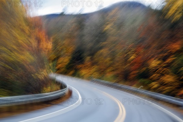 Curvy country road, autumn leaves, Indian summer, smudge effect, blur, Kancamagus Highway, White