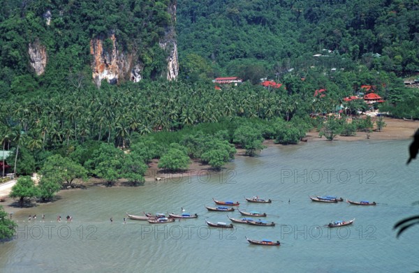 Mountains, sea, boats, view of Railay East from the viewpoint, two years in front of the tsunami,