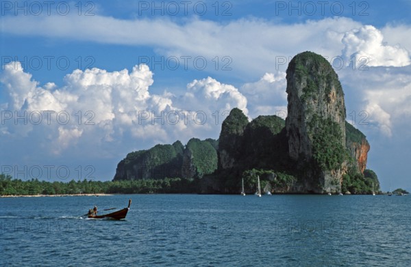 Longtail boat, rocks in the sea, Railay East, two years in front of the tsunami, Krabi, Thailand,