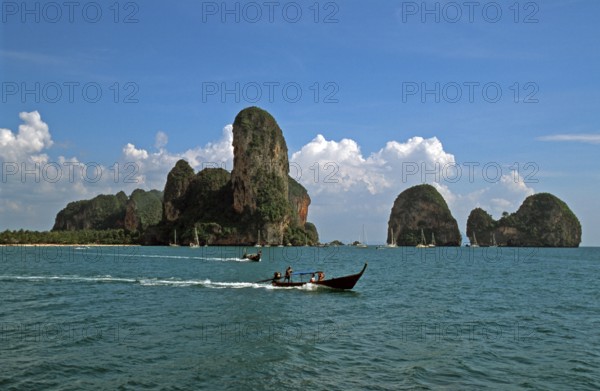 Longtail boats, rocks in the sea, Railay East, two years in front of the tsunami, Krabi, Thailand,