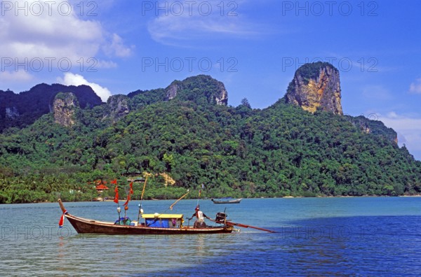 Mountains, sea, longtail boat, two years in front of the tsunami, Railay East, Krabi, Thailand,