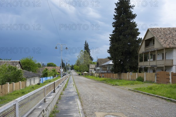 Rural paved road with wooden houses and tall trees under a cloudy sky, village founded by Caucasian