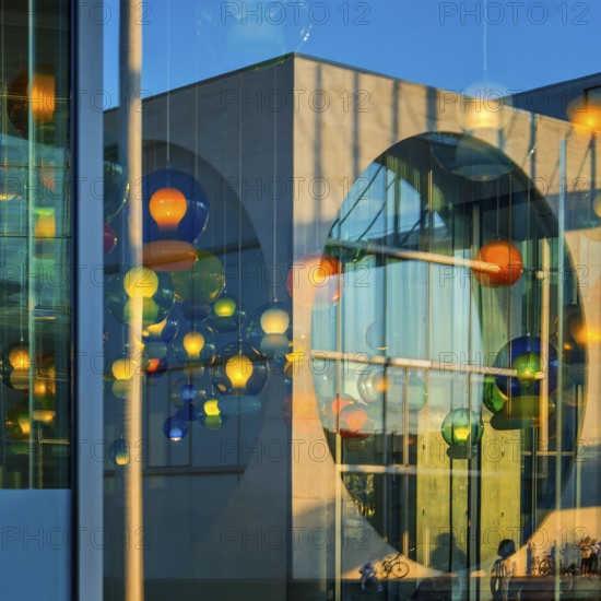 Artistic lamp installation with window reflection of the Marie-Elisabeth-Lüders House, art,