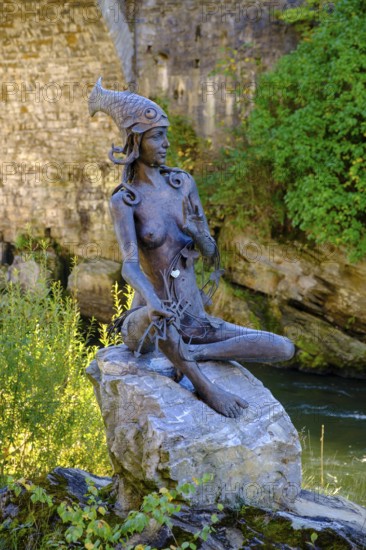 Murna bronze sculpture on the Murpromenade, Wassernixe, Murau, Mur river, Styria, Austria