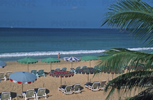 Palm tree, umbrellas and sun loungers at Karon Beach, two years in front of the tsunami, Ko Phuket,