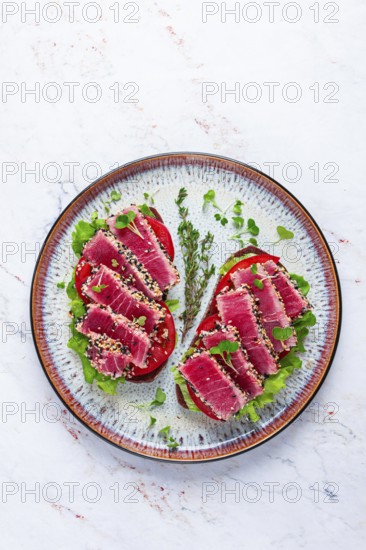 Sandwiches with fried tuna fillet in sesame seeds, breakfast, top view, homemade