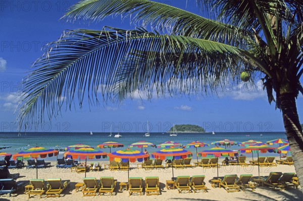 Umbrellas, palm tree, island, Kata Beach, two years in front of the tsunami, Ko Phuket, Thailand,