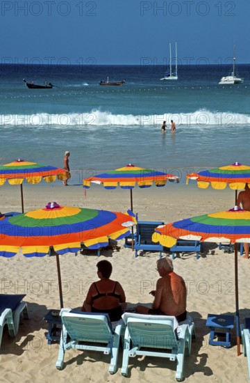 People, umbrellas, boats, Kata Beach, two years in front of the tsunami, Ko Phuket, Thailand,