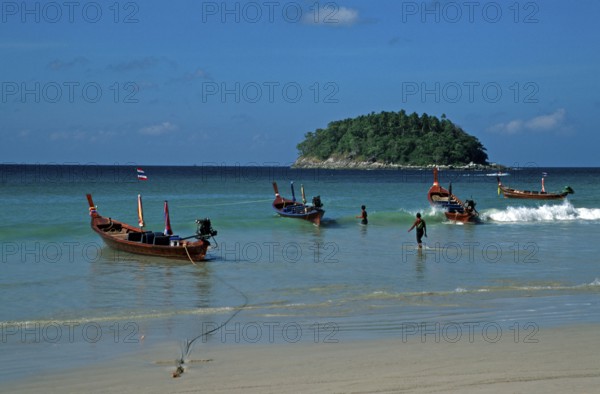 Longtail boats, island, Kata Beach, two years in front of the tsunami, Ko Phuket, Thailand,
