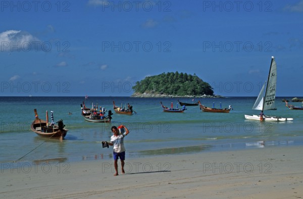 Longtail boats, people, island, Kata Beach, two years in front of the tsunami, Ko Phuket, Thailand,