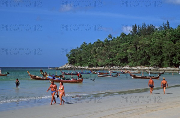 Longtail boats, people, Kata Beach, two years in front of the tsunami, Ko Phuket, Thailand,