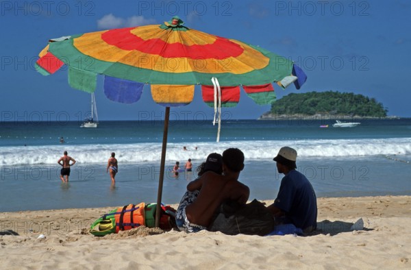 People, parasol, island, Kata Beach, two years in front of the tsunami, Ko Phuket, Thailand,