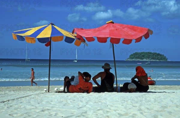 People, umbrellas, island, Kata Beach, two years in front of the tsunami, Ko Phuket, Thailand,