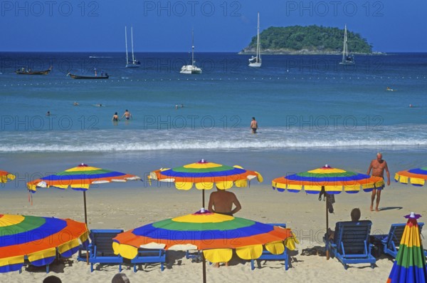 People, umbrellas, boats, island, Kata Beach, two years in front of the tsunami, Ko Phuket,