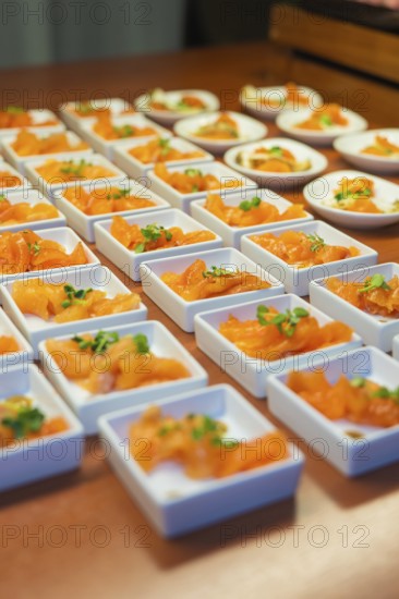Fresh salmon starter in small square bowls, Christmas party Dekra Congresshotel Wart, Calw