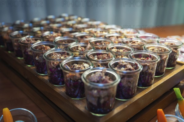 Rustic presentation of layered desserts in glasses, Christmas party Dekra Congresshotel Wart, Calw