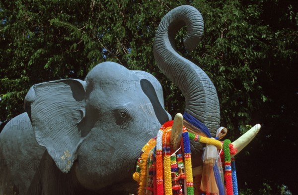 Decorated elephant figure in Wat Chalong monastery, Ko Phuket, Thailand, December 2002, vintage,
