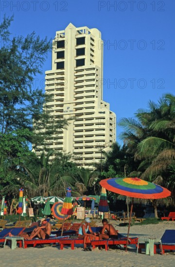 Skyscraper, umbrellas, people, Patong Beach, Ko Phuket, two years in front of the tsunami,