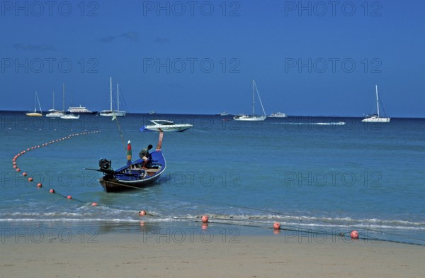 Longtail boat and yachts on Patong Beach, Ko Phuket, two years in front of the tsunami, Thailand,