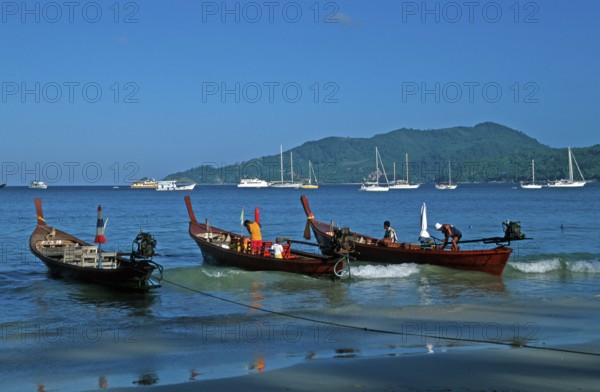 Longtail boats and yachts on Patong Beach, Ko Phuket, two years in front of the tsunami, Thailand,