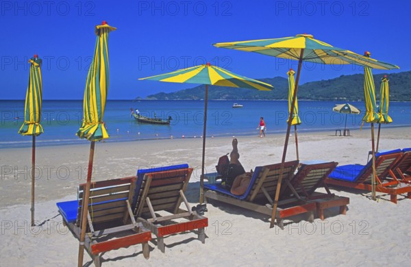 Umbrellas, people, Patong Beach, Ko Phuket, two years in front of the tsunami, Thailand, December