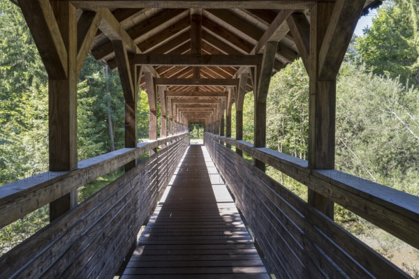 Covered wooden bridge over the Weissach river, Kreuth, Tegernseer Tal, Upper Bavaria, Bavaria,