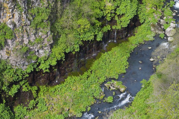 River snakes along rocks and thick vegetation, framed by steep cliffs, Dashbashi Gorge and