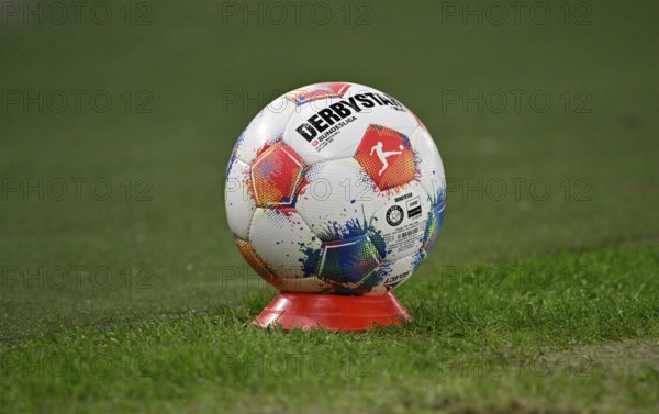 Adidas Derbystar game ball is on cones, marker plate, for ball boys, MHPArena, MHP Arena Stuttgart,