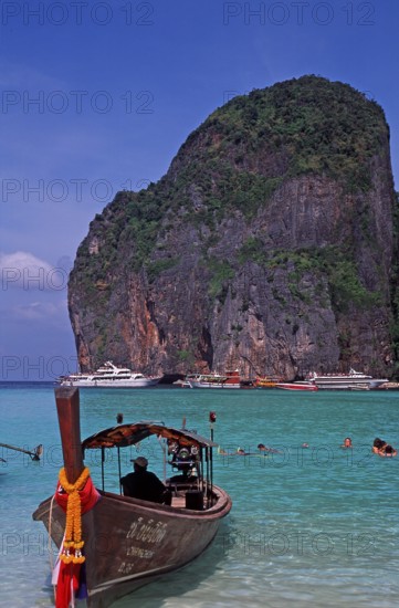 Longtail boat on Maya Bay beach, known from the movie The Beach, one year in front of the tsunami,