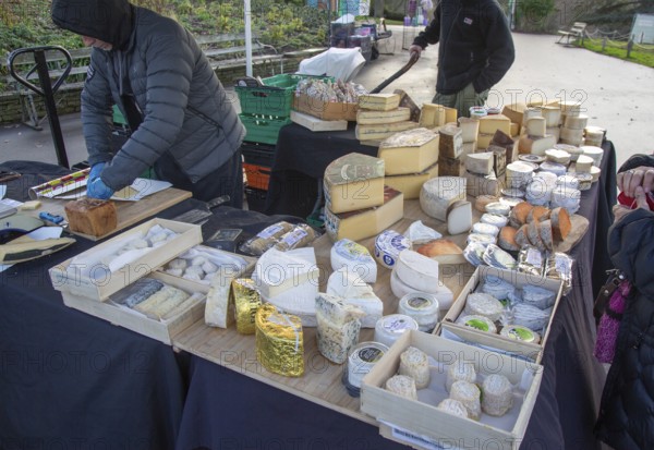 Cheese stall at winter market, Bandstand Terrace, Horniman museum gardens, Forest Hill, south
