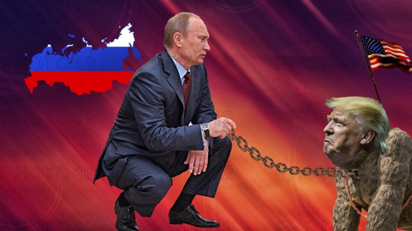 Symbolic image, Putin keeps Trump on chain, deals Ukraine to Putin, sells land to war criminal, US