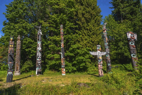 Totem poles representing indigenous art are standing in a park in vancouver, british columbia,