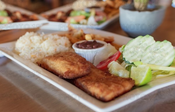 Gourmet food fried fish fillet with salad rice served on wooden table, Close up of fried fish